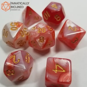 Red and White w/Gold Pearl Dice DND Dungeons and Dragons D20 Critical Role Polyhedral Pathfinder RPG Tabletop Gaming TTRPG Transformer holy No Pouch