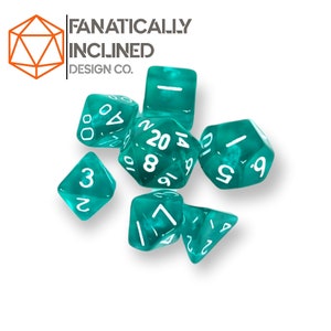 Mini 10mm Teal Transparent 7pc Dice Set DND Dungeons and Dragons Critical Role Polyhedral Pathfinder RPG TTRPG Warhammer 40K White Ink No Pouch