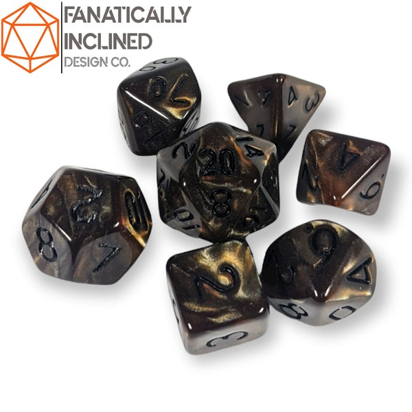Mini 10mm Dark Ore Brown Pearl 7pc Dice Set DND Dungeons and Dragons Critical Role Polyhedral Pathfinder RPG TTRPG Warhammer 40K Black Ink