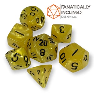 Mini 10mm Ichor Yellow Pearl 7pc Dice Set DND Dungeons and Dragons Critical Role Polyhedral Pathfinder RPG TTRPG Warhammer 40K Black Ink image 1