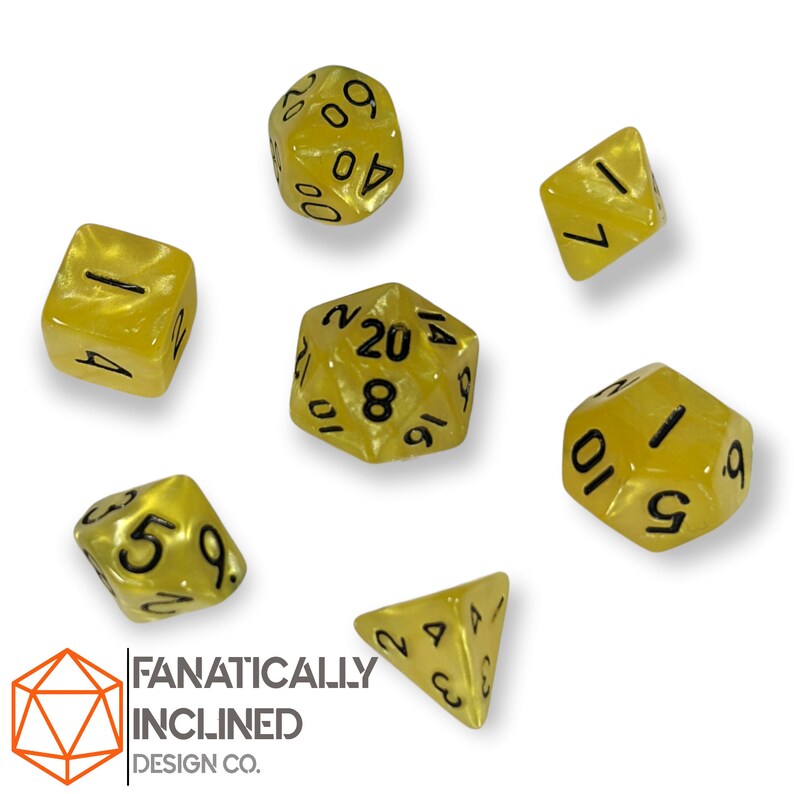 Mini 10mm Ichor Yellow Pearl 7pc Dice Set DND Dungeons and Dragons Critical Role Polyhedral Pathfinder RPG TTRPG Warhammer 40K Black Ink image 2