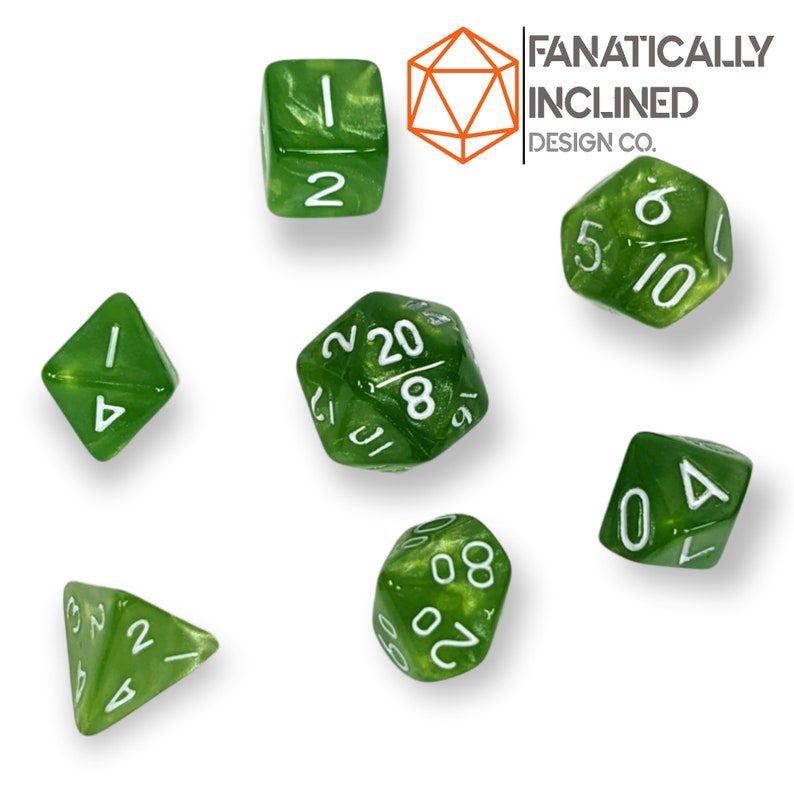 Mini 10mm Green Pearl 7pc Dice Set DND Dungeons and Dragons Critical Role Polyhedral Pathfinder RPG TTRPG Warhammer 40K White Ink imagem 2