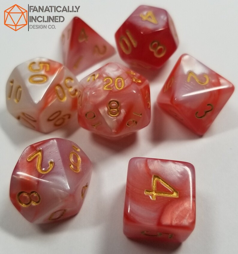 Red and White w/Gold Pearl Dice DND Dungeons and Dragons D20 Critical Role Polyhedral Pathfinder RPG Tabletop Gaming TTRPG Transformer holy No Pouch
