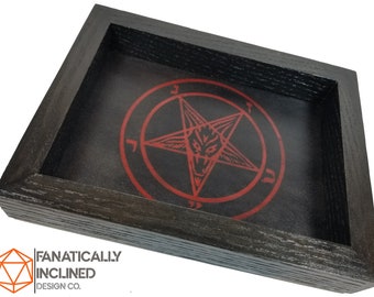 Pieczęć Baphometa Dnd EDC Valet Dice Tray, ręcznie robiona dębowa skóra, Critical Role RPG D&D Table-top TTRPG Metal Cult Demon Devil Pagan Dice Box