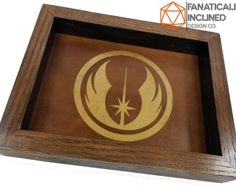 Akademia Jedi, ręcznie robiona, skórzana tacka na kostki z drewna dębowego, EDC, Valet, DND, D20, gra fabularna Pathfinder, D&D, gra planszowa, TTRPG, prezent