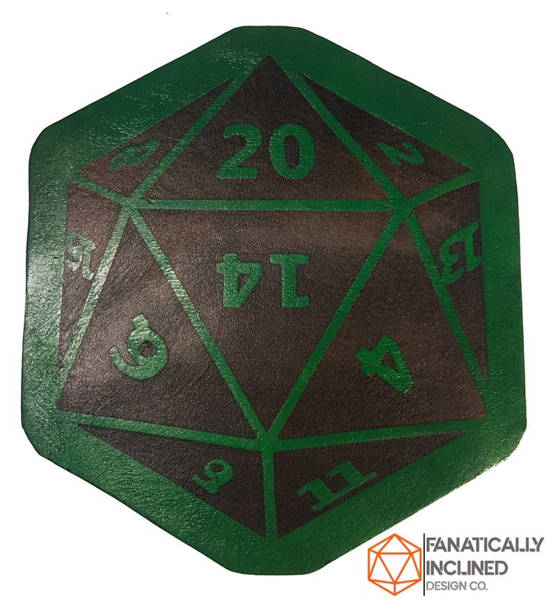 Leather Handmade D20 Coasters Dnd Critical Role RPG Pathfinder D&D Table-top Gaming TTRPG Gift Dungeons Dragons Polyhedral 20-Sided Nerdy Green