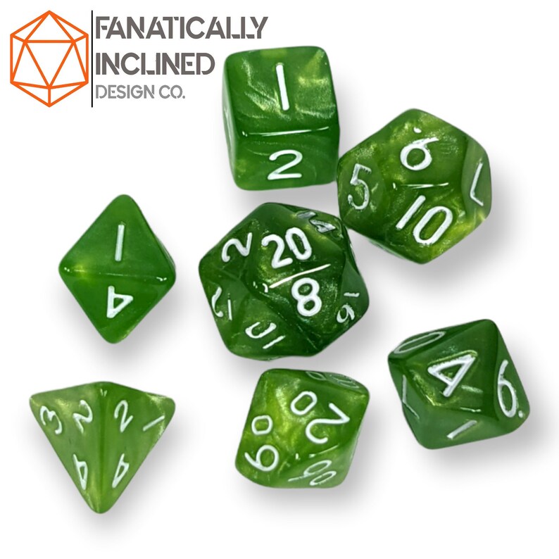 Mini 10mm Green Pearl 7pc Dice Set DND Dungeons and Dragons Critical Role Polyhedral Pathfinder RPG TTRPG Warhammer 40K White Ink imagem 1