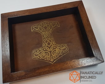 Taca na kostki Mjolnir z drewna dębowego, skórzana, ręcznie robiona, młot Thora, EDC, Valet, DND, gra fabularna, Pathfinder, D&D, gry planszowe, TTRPG, nordycki wiking