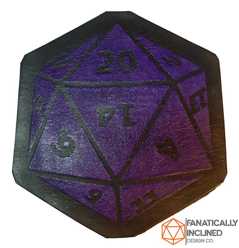 Leather Handmade D20 Coasters Dnd Critical Role RPG Pathfinder D&D Table-top Gaming TTRPG Gift Dungeons Dragons Polyhedral 20-Sided Nerdy Purple