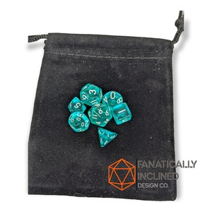 Mini 10mm Teal Transparent 7pc Dice Set DND Dungeons and Dragons Critical Role Polyhedral Pathfinder RPG TTRPG Warhammer 40K White Ink Small Black Pouch