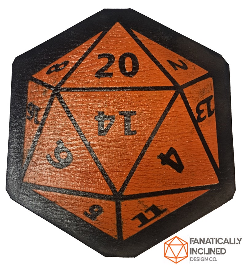 Leather Handmade D20 Coasters Dnd Critical Role RPG Pathfinder D&D Table-top Gaming TTRPG Gift Dungeons Dragons Polyhedral 20-Sided Nerdy Orange