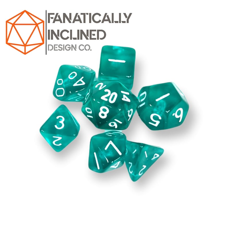 Mini 10mm Teal Transparent 7pc Dice Set DND Dungeons and Dragons Critical Role Polyhedral Pathfinder RPG TTRPG Warhammer 40K White Ink No Pouch