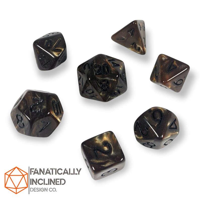 Mini 10mm Dark Ore Brown Pearl 7pc Dice Set DND Dungeons and Dragons Critical Role Polyhedral Pathfinder RPG TTRPG Warhammer 40K Black Ink image 2