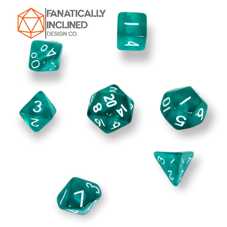 Mini 10mm Teal Transparent 7pc Dice Set DND Dungeons and Dragons Critical Role Polyhedral Pathfinder RPG TTRPG Warhammer 40K White Ink image 2