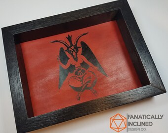Baphomet Dnd EDC Valet Dice Tray, ręcznie robiony, dębowy skórzany, krytyczny RPG Pathfinder D&D, gra planszowa TTRPG, metalowy kult, demoniczny diabeł, pogański, pudełko na kostki