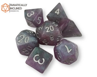 Purple Grey Galaxy Swirl Resin Dice Set DND Dungeons and Dragons Critical Role Pathfinder RPG TTRPG Industrial Machine Mech Warhammer