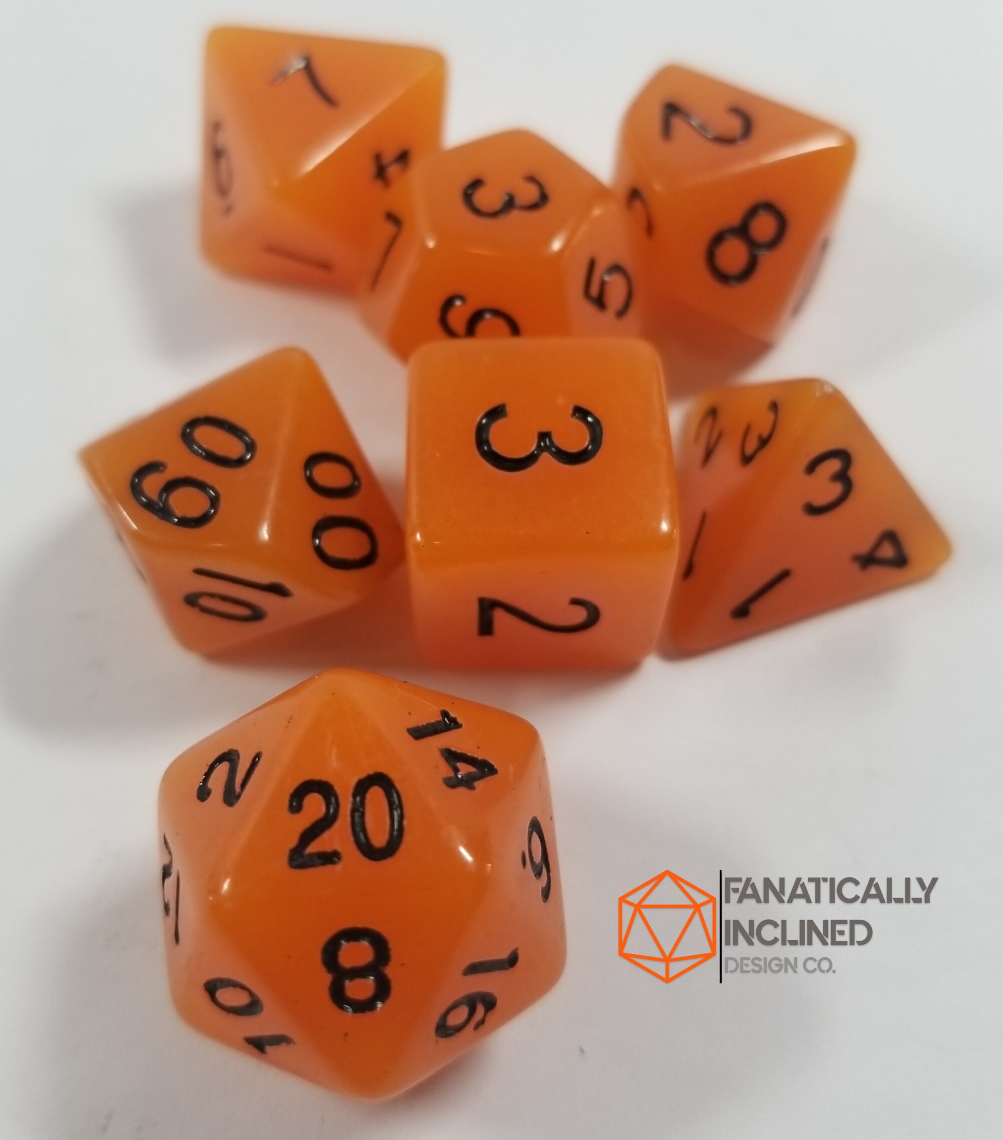 Orange Radiant Glow In The Dark Dice DND Dungeons and Dragons D20 Critical Role Polyhedral Radiance RPG Tabletop Gaming TTRPG Gid Darkvision