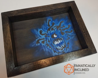 Niebieski Beholder, ręcznie robiony, skórzany, dębowy, EDC, tacka na kostki do gry Valet, DND D20, RPG, Pathfinder, D&D, gry planszowe, TTRPG, prezent, potwór