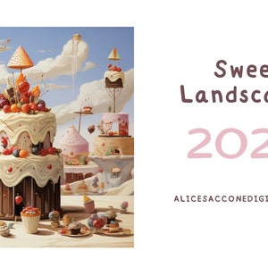 Peut inclure: Une illustration fantaisiste d'un gâteau à plusieurs étages décoré de bonbons colorés, de fruits et de glaçage. Le gâteau est entouré de petits gâteaux et de sucreries, créant un paysage fantastique. Le texte "Sweet Landscapes 2024" est affiché en lettres roses.