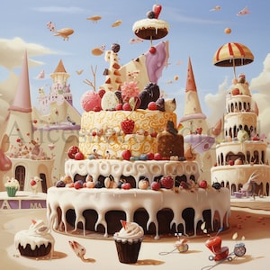 以下が含まれることがあります： 白いフロスティング、カラフルなキャンディー、新鮮なフルーツで飾られた、大きな多層ケーキ。ケーキはミニチュアケーキやその他の甘いお菓子に囲まれ、すべてがキャンディーカラーの建物と飛んでいるペストリーの幻想的な背景を背景にしています。