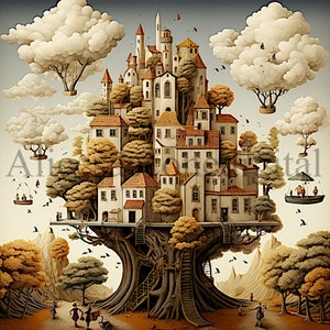May include: A whimsical illustration of a treehouse built into the branches of a large tree. The treehouse is made of stone and wood and has many windows and doors. There are clouds floating in the sky above the treehouse, and a small hot air balloon is attached to one of the clouds. The treehouse is surrounded by lush green trees and foliage.
