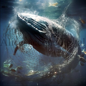May include: A large whale entangled in a fishing net. The whale is dark gray and the net is a light brown color. The whale's mouth is open and its eyes are closed. The net is wrapped around the whale's body and tail.