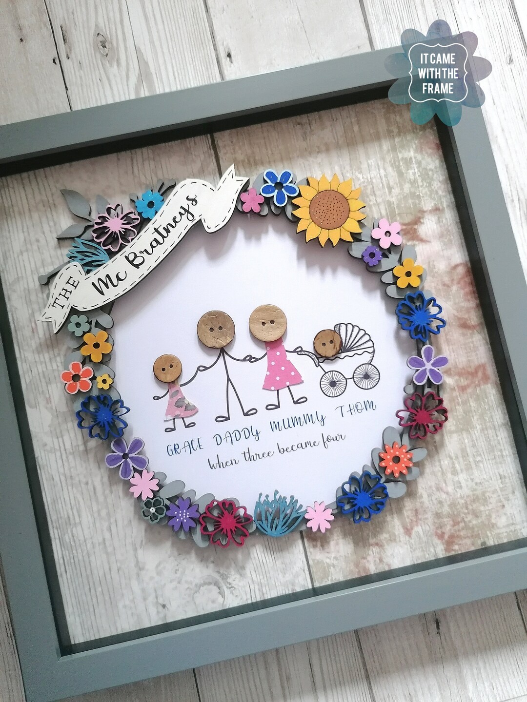 Button family frame, Personalised family frame, New baby gift, Mother's