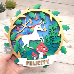 Unicorn Door Sign : Hand painted 3D Layered Nursery Decor, Personalised Unicorn name plaque