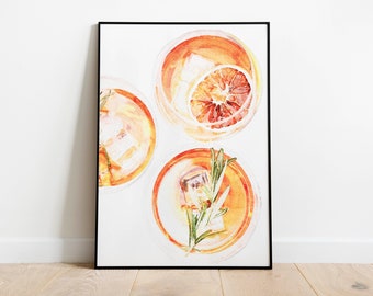 Watercolor Orange Cocktail Print, Bar Art, Office Decor, Gift for Him, Watercolor Print, Vintage Art, Watercolor Drink, Kitchen Decor, Bar