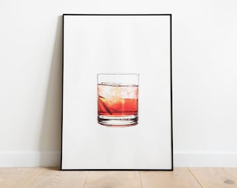 May include: A watercolor illustration of a red cocktail in a rocks glass with ice and a lemon twist. The glass is on a white background.