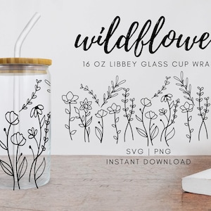 Wildflowers Libbey Glass Cup SVG / PNG Design 16 once, design stampabile di fiori di campo, idee artigianali facili da realizzare, regali personalizzati per lei,