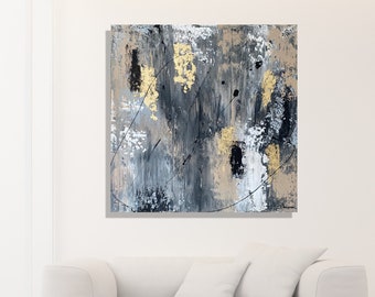 Acrylbild acrylmalerei abstrakt Unikat acrylbild unikat handgemalt wandbild gemälde leinwandbild beige acryl malerei graues bild mit gold