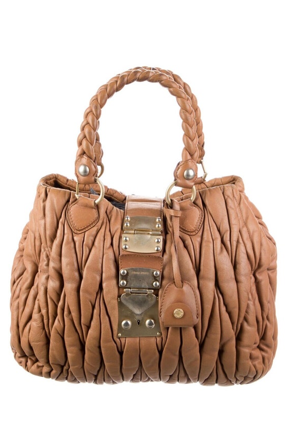 Miu Miu Matelassé Logo Plaque Tote Bag in Brown