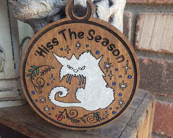 Grumpy Cat, 'Hiss The Season,  Sarcastic, Funny, Gift Exchange, Engraved, Hand Painted Embellishments, Option to Add Name and-or Message