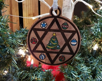 Chrismukkah Ornament - Star of David with a Festive Christmas Tree Embellished with Ornaments, Laser Engraved, Hand Painted Embellishments