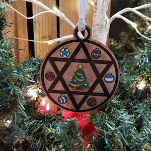 Chrismukkah Ornament - Star of David with a Festive Christmas Tree Embellished with Ornaments, Laser Engraved, Hand Painted Embellishments