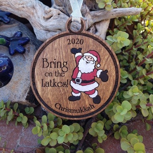 2020 Chrismukkah Ornament - Santa: Bring on the Latkes!  Engraved, Hand Painted Embellishments, Option to Personalize, Option to Add Msg