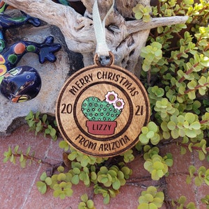 Merry Christmas From Arizona, Cactus Ornament, with Current Year, Option to Personalize, Laser Engraved, Hand Painted Embellishments