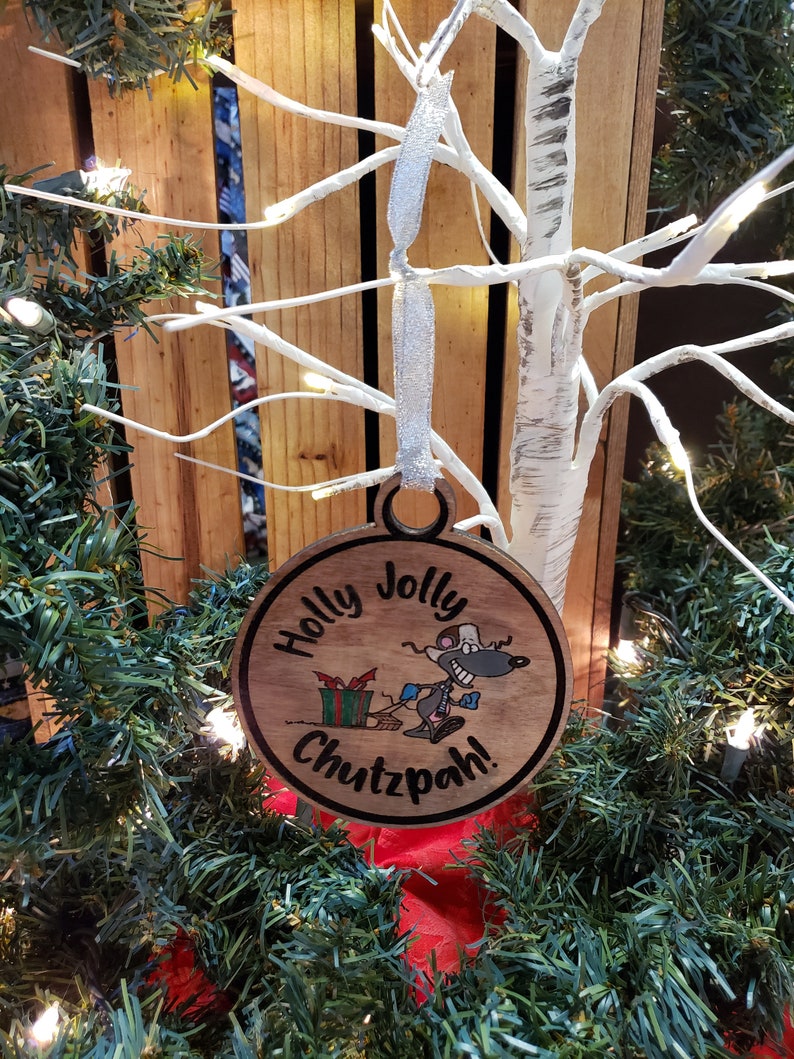Chrismukkah Ornament Hand Painted Embellishments Holly Jolly Chutzpah Laser Engraved Mouse taking Present