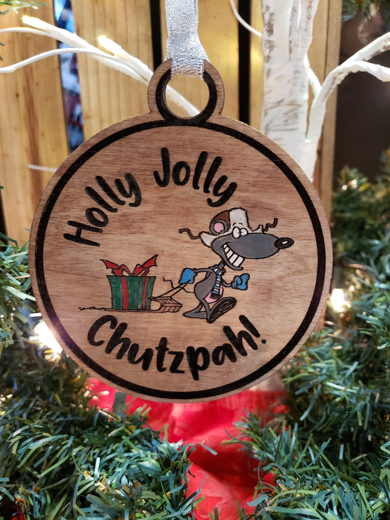 Chrismukkah Ornament Hand Painted Embellishments Holly Jolly Chutzpah Laser Engraved Mouse taking Present