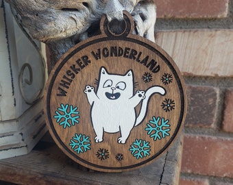 Happy Cat, Whisker Wonderland,  Sarcastic, Funny, Gift Exchange, Engraved, Hand Painted Embellishments, Option to Add Name and-or Message