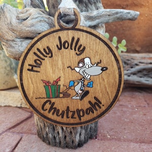 Chrismukkah Ornament - Holly Jolly Chutzpah! Mouse taking Present! Laser Engraved, Hand Painted Embellishments