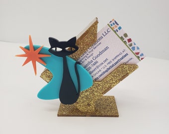 Retro Atomic Cat Business Card Holder, Mid Century Modern, MCM, 50's, Gift, Funky, Fun, Art Deco, Glitter & Transluscent Acrylic