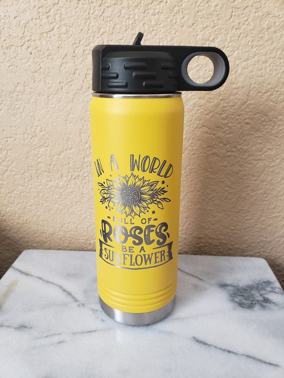 20 Oz. Yellow Water Bottle With Straw, Laser Engraved, 15 Sunflower  Graphics to Choose From, Personalization Included in Price 