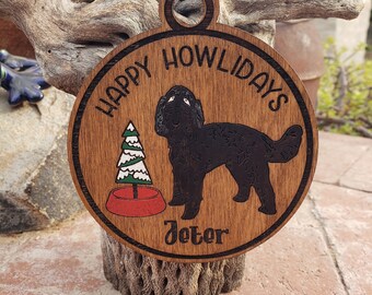 Happy Howlidays, Labradoodle Dog, Sarcastic, Funny, Engraved, Hand Painted Embellishments, Option to Personalize - Read Listing Details!