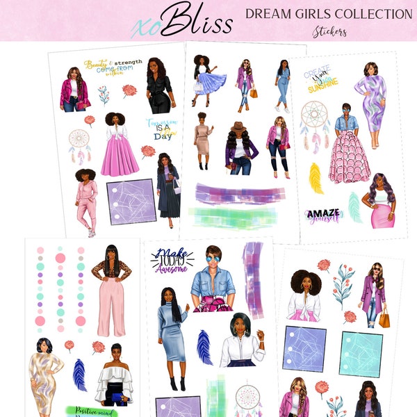 Dream Girls 50+ Collection Stickers for Journals, Notebooks and Planner Pages, African American Illustrations