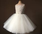 DEBBY Ivory Lace Champagne Tulle Flower Girl Dress Vintage Dress Wedding Bridesmaid Dress