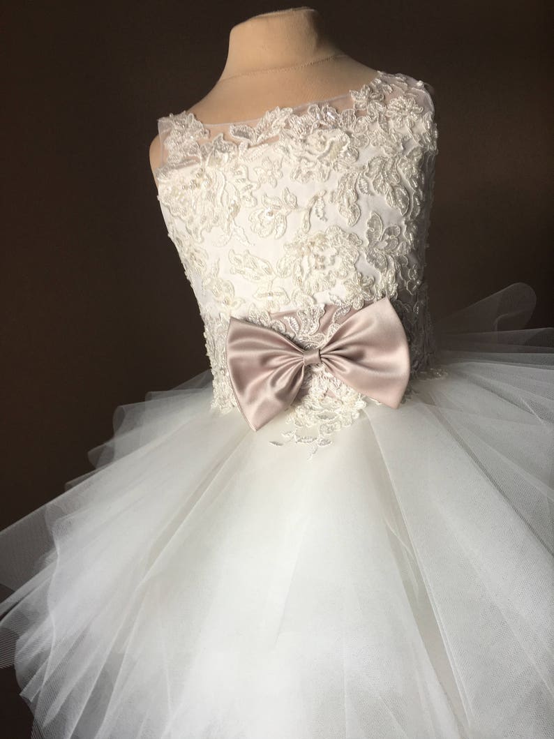 BETTANY Ivory Lace Tulle Champagne sash Flower Girl Dress Etsy
