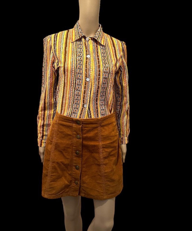 70s Pink & Brown Ditsy Floral Dagger Collar Shirt M