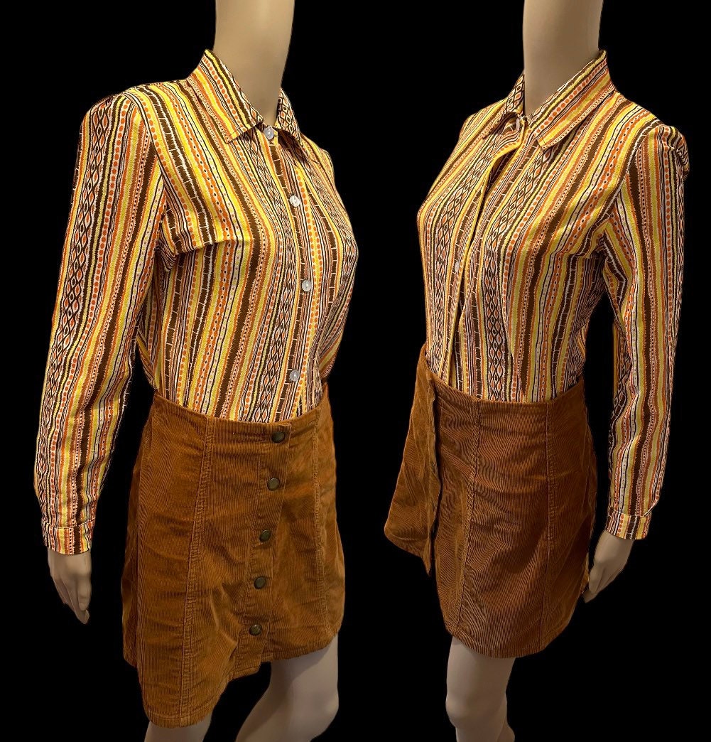 70s Cream Yellow Orange Plaid Dagger Collar Long Sleeve Shirt S M main image 1